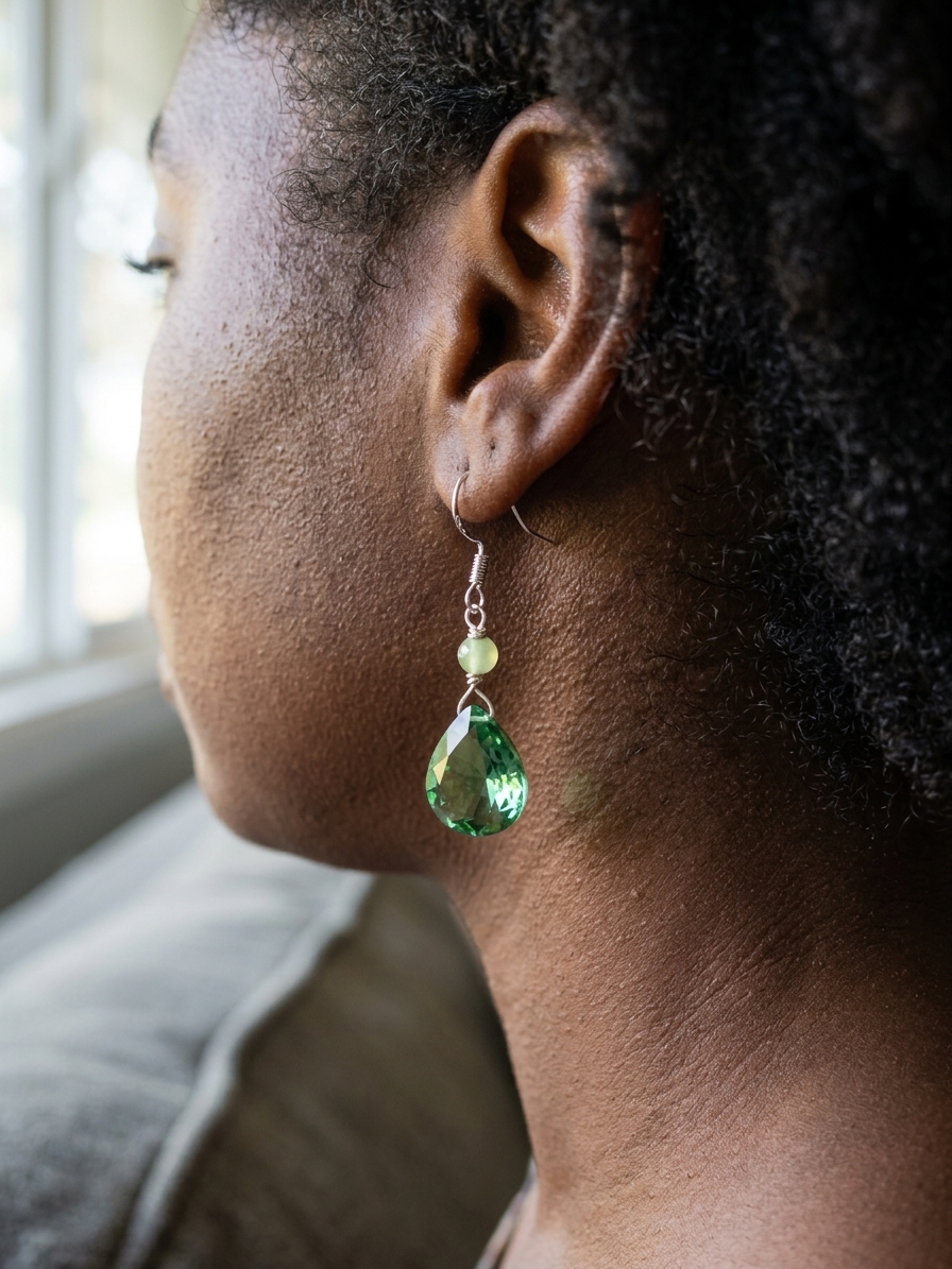 Princess Tiana - featuring Faceted Jade Rounds, Faceted Heart Green Quartz Briolettes, Stainless Steel Wire, Silver Tone Copper Wire, Stainless Steel Ear Hooks angle 2