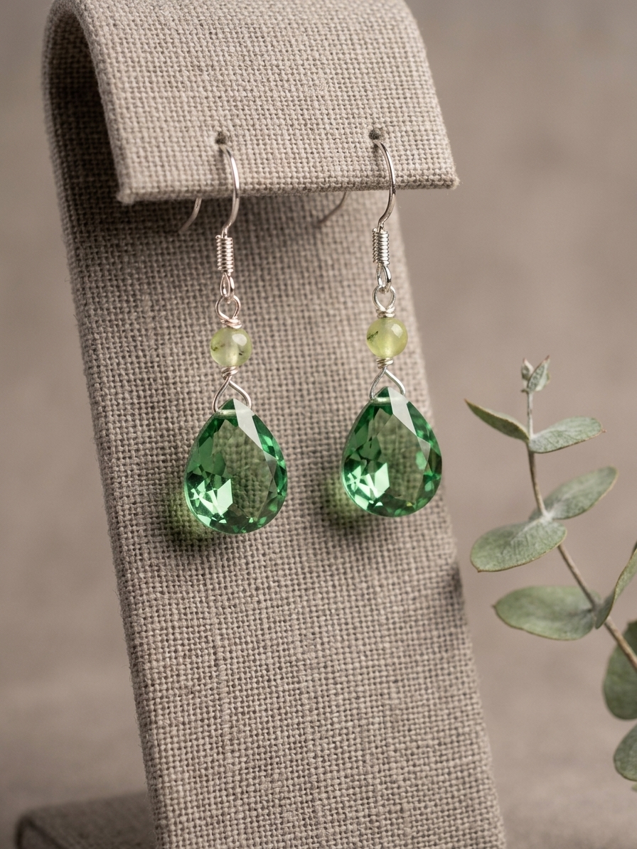 Princess Tiana - featuring Faceted Jade Rounds, Faceted Heart Green Quartz Briolettes, Stainless Steel Wire, Silver Tone Copper Wire, Stainless Steel Ear Hooks angle 3