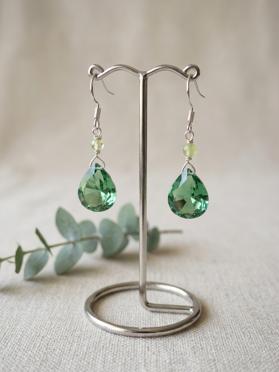 Princess Tiana - featuring Faceted Jade Rounds, Faceted Heart Green Quartz Briolettes, Stainless Steel Wire, Silver Tone Copper Wire, Stainless Steel Ear Hooks