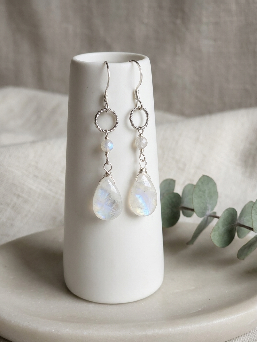 Princess Yue - featuring Rainbow Moonstone, Aquamarine, Sterling Silver, Silver Tone Copper Wire angle 3