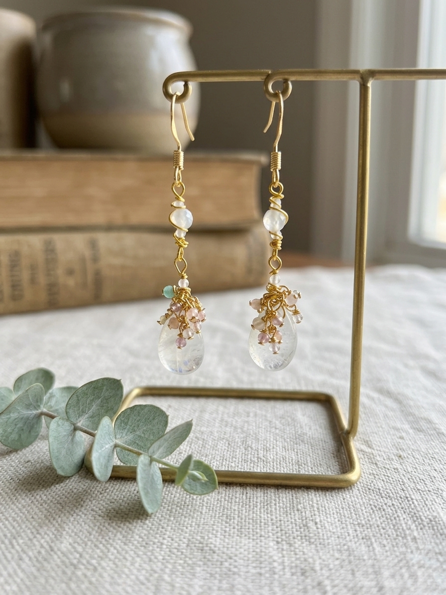 Queen Celestia - featuring Faceted Moonstone Rondelles, Faceted Mystic White Jade Rounds, Rainbow Moonstone Briolettes, Faceted Rose Quartz, Yellow Quartz, Pink Opal, Pink Amethyst, Prehnite and Aquamarine Rounds, Gold Plated Stainless Steel Wire, Gold Plated Copper Wire, Nickel Free Gold Plated Stainless Steel Ear Hooks