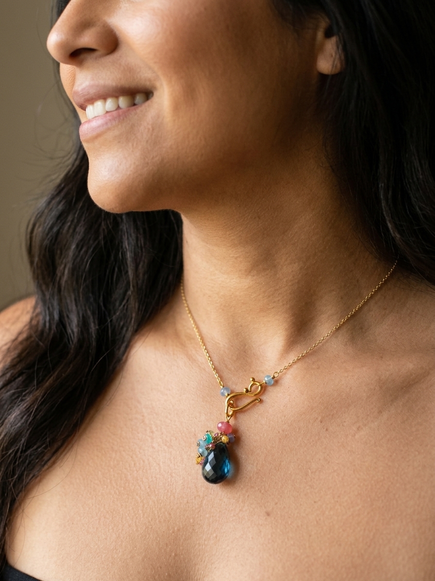 Rainbow Dash - featuring Faceted London Blue Quartz, Ethiopian Opal, Faceted Peridot, Faceted Pink Rondelles, Faceted Yellow Quartz, Coral Chalcedony, Gold Plated Brass Chain, Gold Plated Stainless Steel Wire, Gold Plated Copper Wire angle 2
