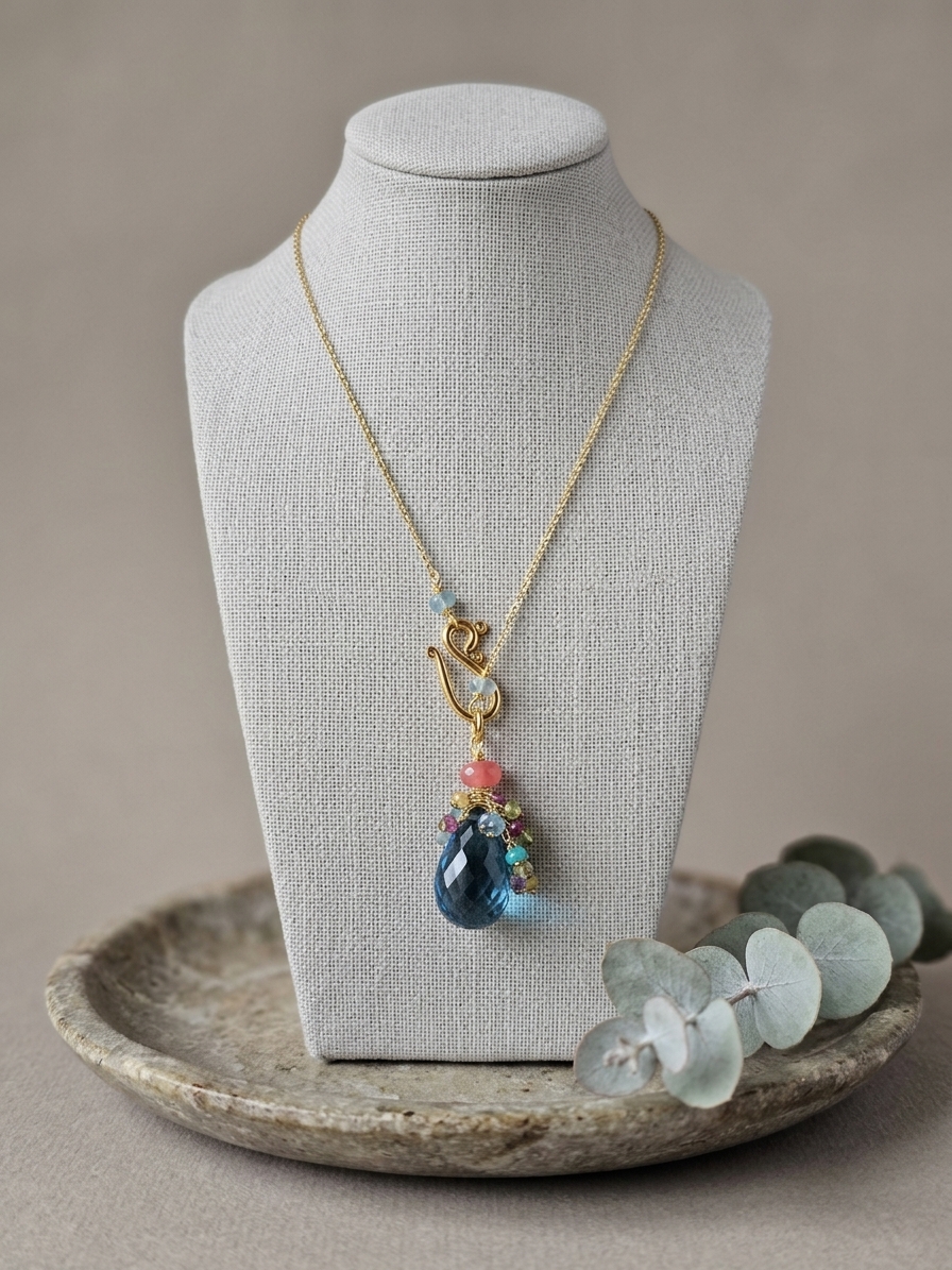 Rainbow Dash - featuring Faceted London Blue Quartz, Ethiopian Opal, Faceted Peridot, Faceted Pink Rondelles, Faceted Yellow Quartz, Coral Chalcedony, Gold Plated Brass Chain, Gold Plated Stainless Steel Wire, Gold Plated Copper Wire angle 3