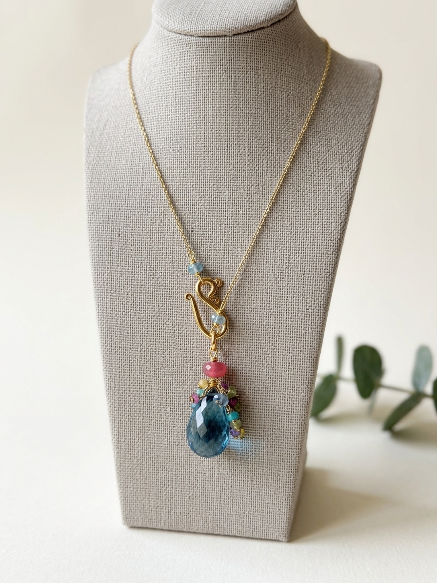 Rainbow Dash - featuring Faceted London Blue Quartz, Ethiopian Opal, Faceted Peridot, Faceted Pink Rondelles, Faceted Yellow Quartz, Coral Chalcedony, Gold Plated Brass Chain, Gold Plated Stainless Steel Wire, Gold Plated Copper Wire
