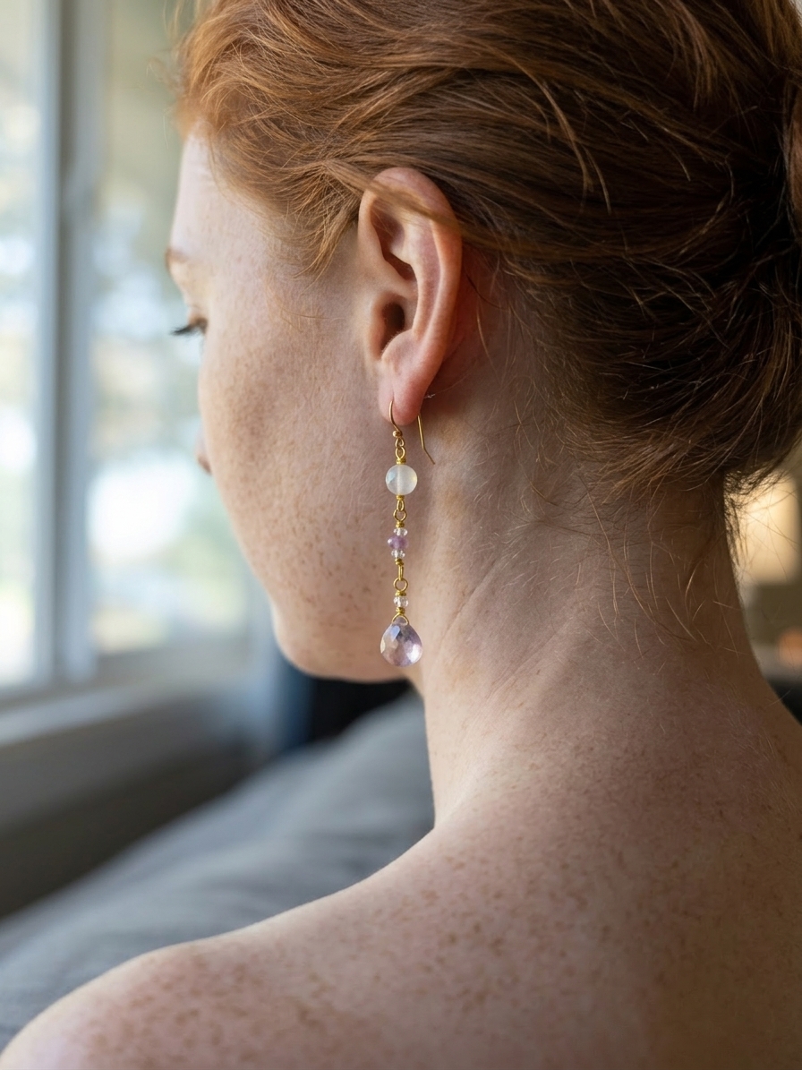 Rapunzel- featuring Flat Faceted Rainbow Fluorite Heart Briolettes, Faceted Round Rose Quartz, Faceted Lavender Purple Jade, Faceted Pink Amethyst Rondelles, Gold Plated Stainless Steel Wire, Gold Plated Copper Wire, Nickel Free Gold Plated Stainless Steel Ear Hooks angle 2