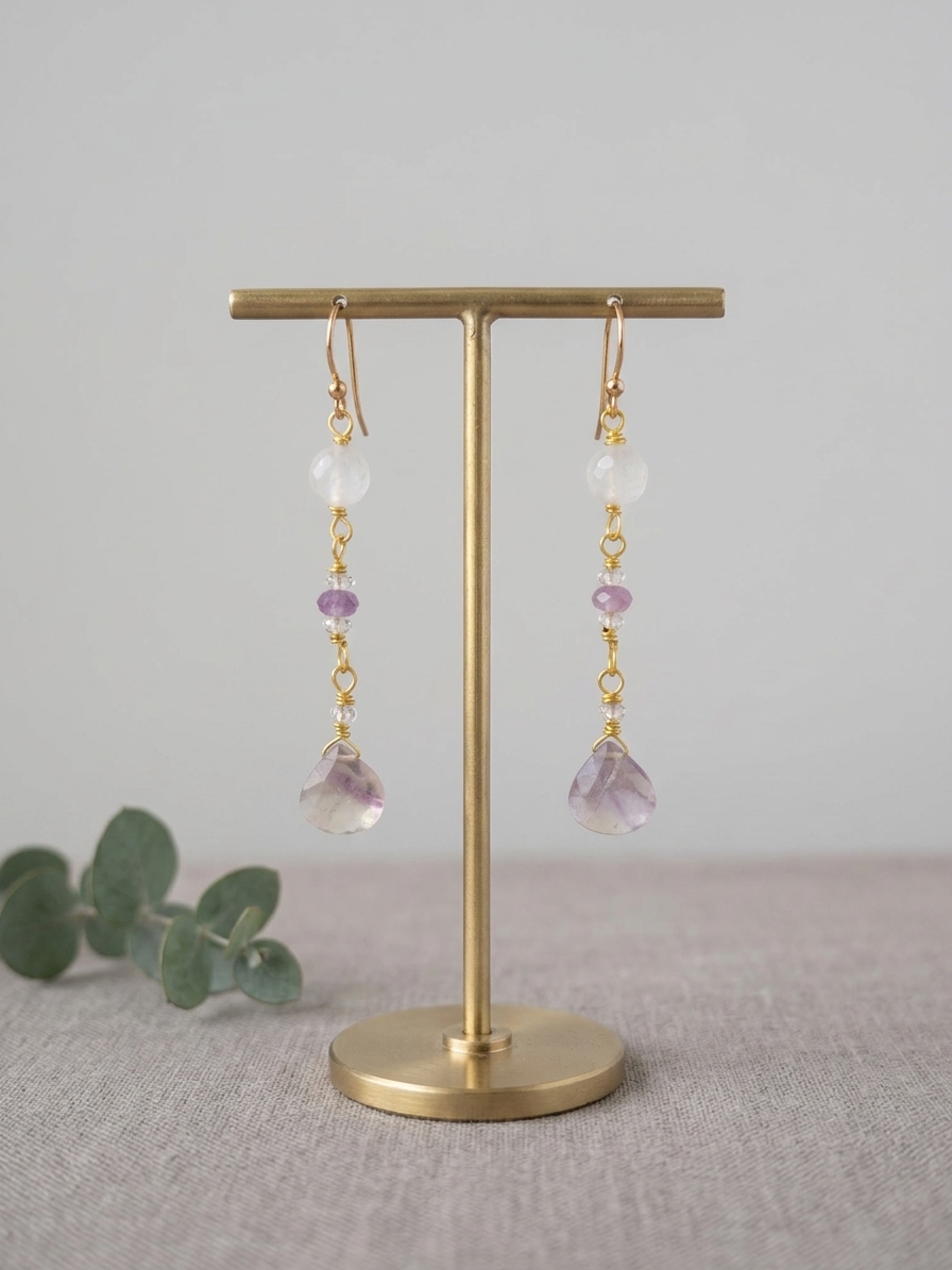 Rapunzel- featuring Flat Faceted Rainbow Fluorite Heart Briolettes, Faceted Round Rose Quartz, Faceted Lavender Purple Jade, Faceted Pink Amethyst Rondelles, Gold Plated Stainless Steel Wire, Gold Plated Copper Wire, Nickel Free Gold Plated Stainless Steel Ear Hooks angle 3