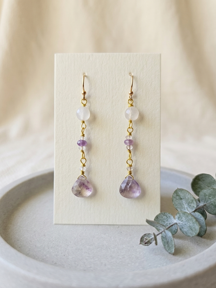 Rapunzel- featuring Flat Faceted Rainbow Fluorite Heart Briolettes, Faceted Round Rose Quartz, Faceted Lavender Purple Jade, Faceted Pink Amethyst Rondelles, Gold Plated Stainless Steel Wire, Gold Plated Copper Wire, Nickel Free Gold Plated Stainless Steel Ear Hooks
