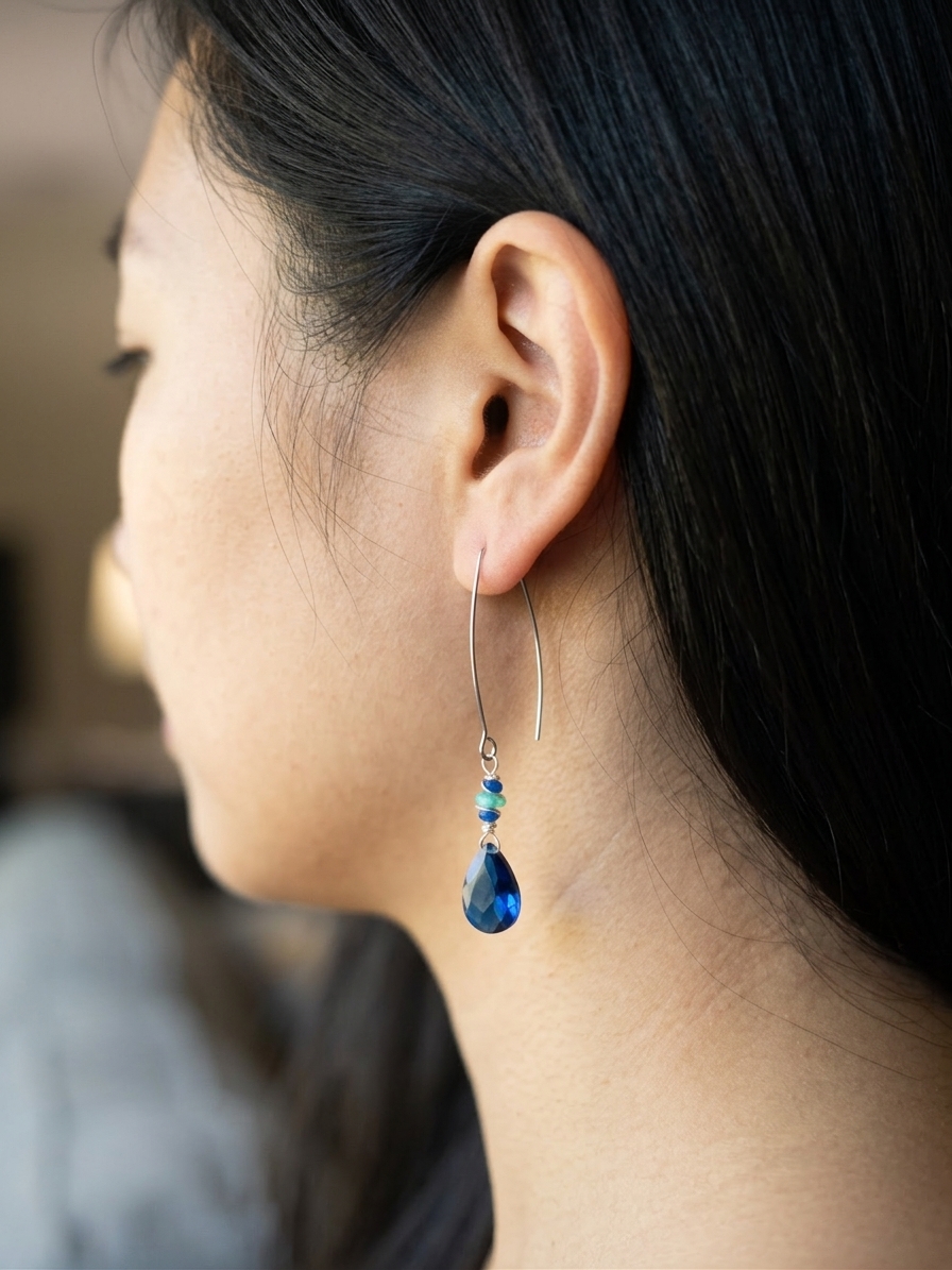 Sadness - featuring Cobalt Quartz Heart Briolettes, Ethiopian Opal Rondelles, Faceted Sodalite Rounds, Stainless Steel Wire, Silver Tone Copper Wire, Stainless Steel Ear Hooks angle 2