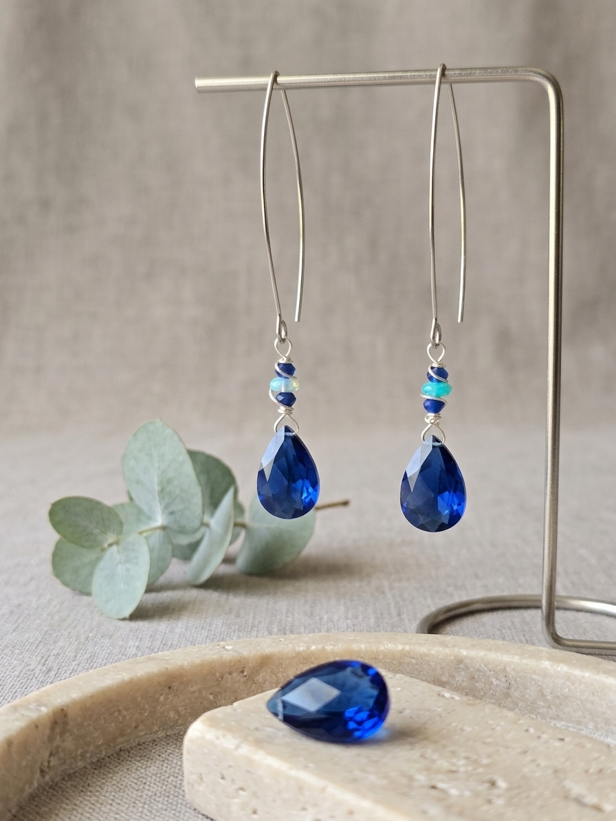 Sadness - featuring Cobalt Quartz Heart Briolettes, Ethiopian Opal Rondelles, Faceted Sodalite Rounds, Stainless Steel Wire, Silver Tone Copper Wire, Stainless Steel Ear Hooks angle 3