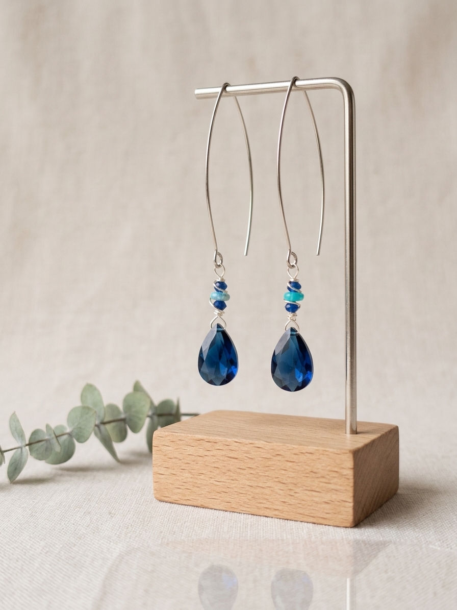 Sadness - featuring Cobalt Quartz Heart Briolettes, Ethiopian Opal Rondelles, Faceted Sodalite Rounds, Stainless Steel Wire, Silver Tone Copper Wire, Stainless Steel Ear Hooks
