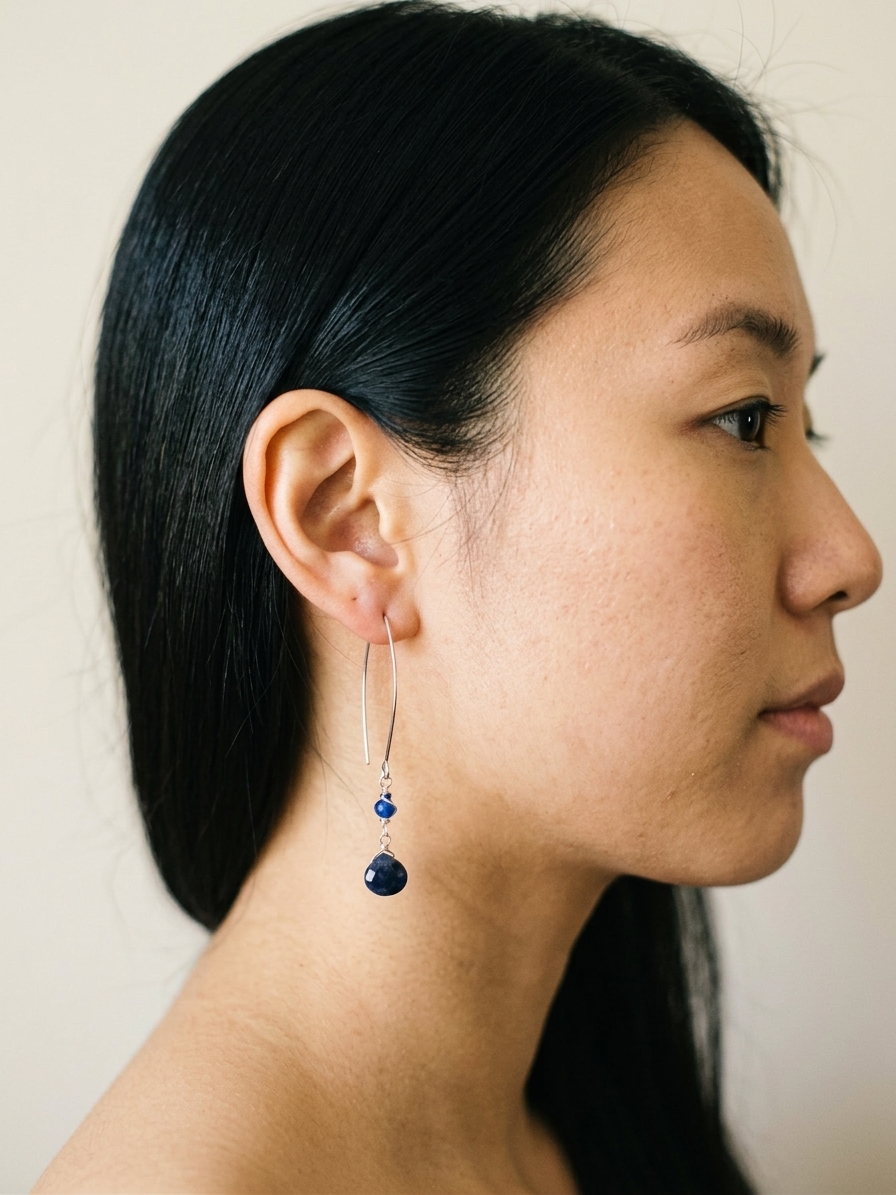 Sailor Mercury - featuring Faceted Flat Sodalite Briolettes, Faceted Sodalite Rounds, Faceted Cobalt Jade Rondelles, Stainless Steel Wire, Silver Tone Copper Wire, Stainless Steel Chain, Stainless Steel Ear Hooks angle 2