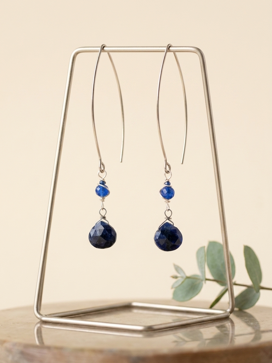 Sailor Mercury - featuring Faceted Flat Sodalite Briolettes, Faceted Sodalite Rounds, Faceted Cobalt Jade Rondelles, Stainless Steel Wire, Silver Tone Copper Wire, Stainless Steel Chain, Stainless Steel Ear Hooks angle 3