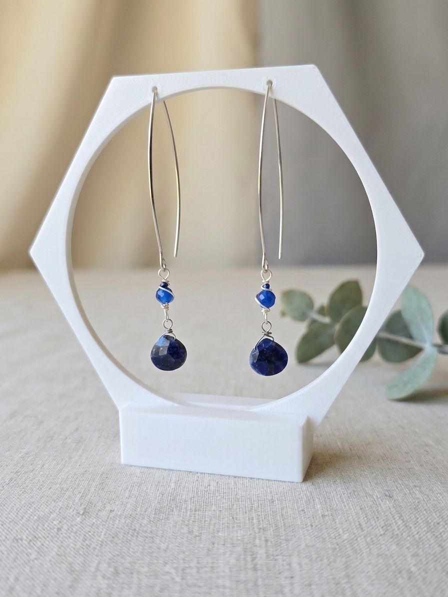 Sailor Mercury - featuring Faceted Flat Sodalite Briolettes, Faceted Sodalite Rounds, Faceted Cobalt Jade Rondelles, Stainless Steel Wire, Silver Tone Copper Wire, Stainless Steel Chain, Stainless Steel Ear Hooks
