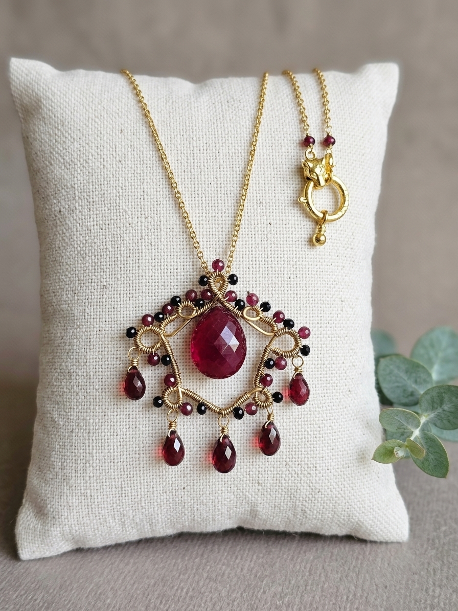 Seduca - featuring Ruby, Black Spinel, Garnet, Gold Tone Copper Wire, Gold Plated Brass, Gold Plated Stainless Steel