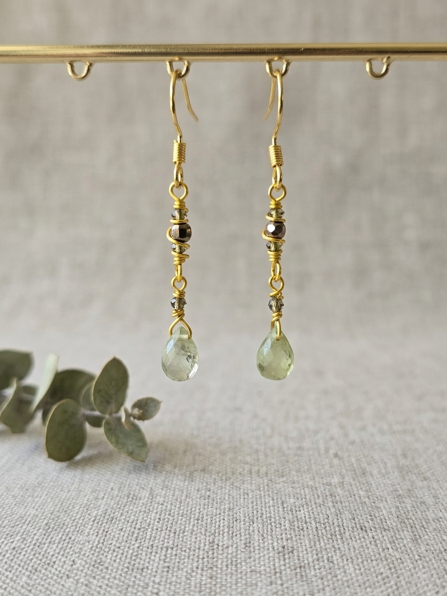 Sir Hiss - featuring Faceted Green Tourmaline Briolettes, Faceted Olive Green Rounds, Gold Plated Faceted Hematite Cubes, Gold Plated Stainless Steel Wire, Gold Plated Copper Wire, Nickel Free Gold Plated Stainless Steel Ear Hooks angle 3