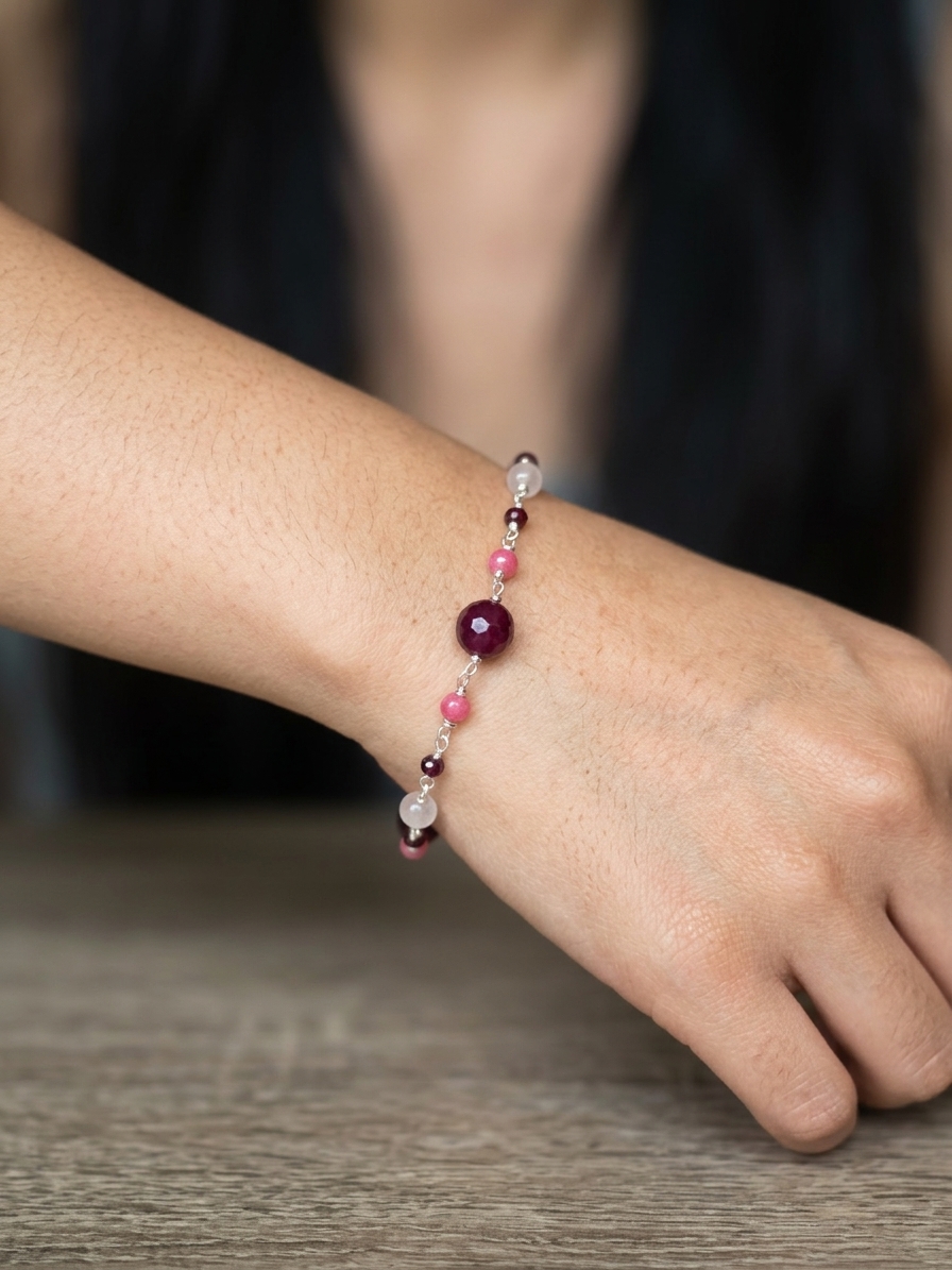 Stolen Kiss - featuring Crimson Jade, Rose Quartz, Pink Jade, Garnet, Stainless Steel Wire, Silver Tone Copper Wire angle 2