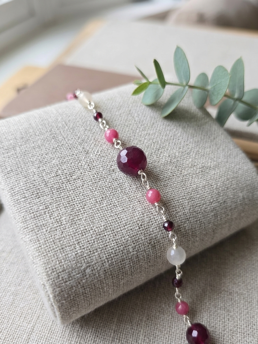 Stolen Kiss - featuring Crimson Jade, Rose Quartz, Pink Jade, Garnet, Stainless Steel Wire, Silver Tone Copper Wire angle 3