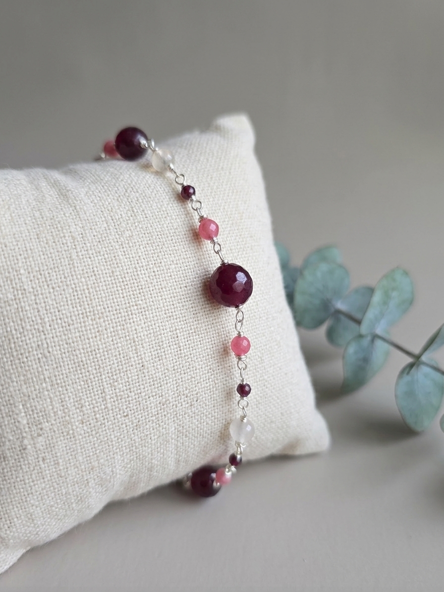 Stolen Kiss - featuring Crimson Jade, Rose Quartz, Pink Jade, Garnet, Stainless Steel Wire, Silver Tone Copper Wire