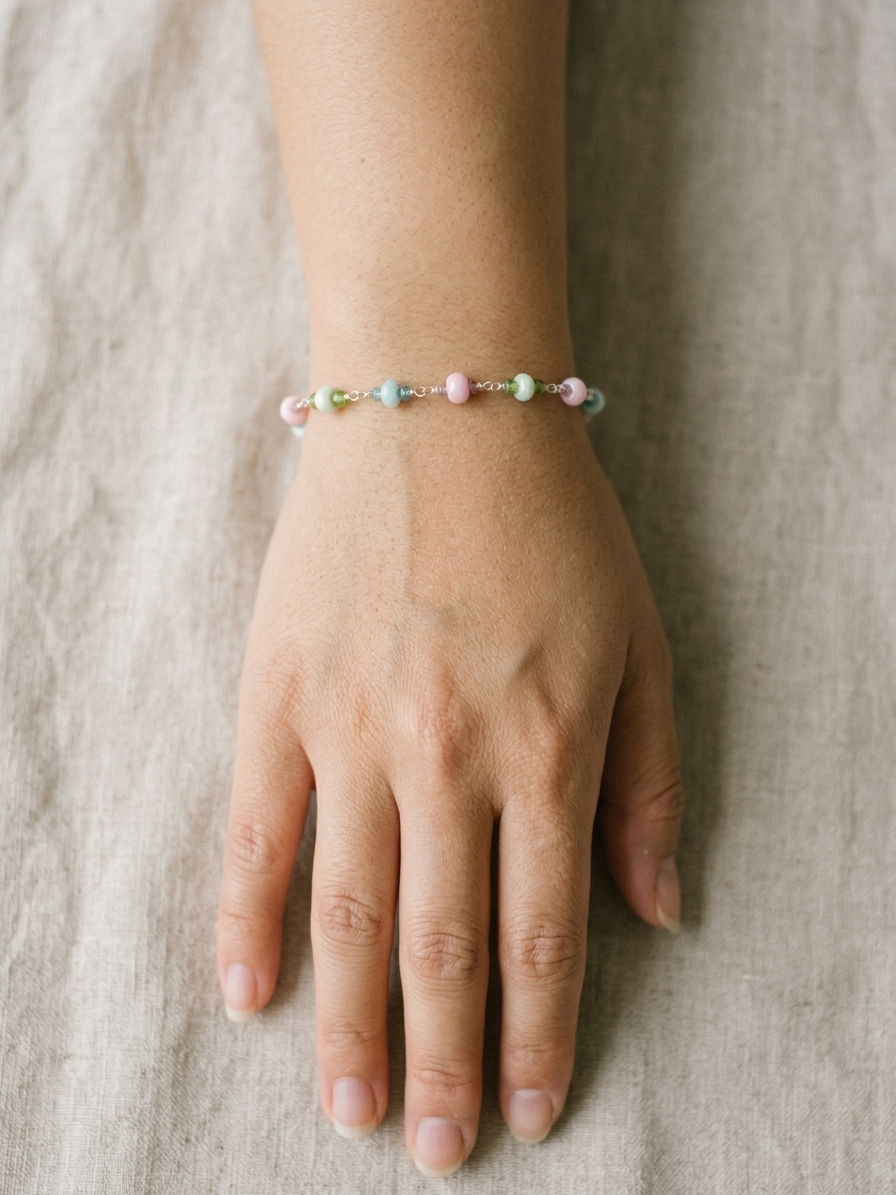 Sweet Treat - featuring Dyed Jade Rondelles, Faceted Pink Amethyst Rondelles, Faceted Peridot Rondelles, Faceted Pink Quartz Rondelles, Stainless Steel Wire, Silver Tone Copper Wire, Stainless Steel Hook and Eye Clasp angle 2