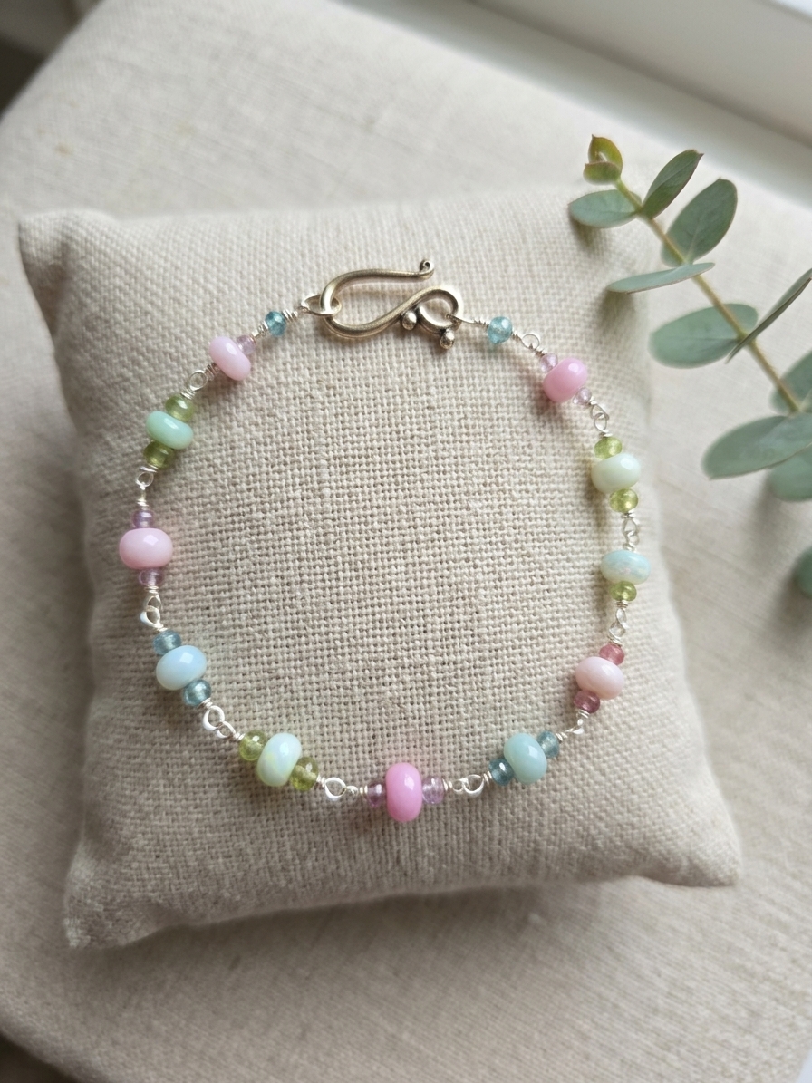 Sweet Treat - featuring Dyed Jade Rondelles, Faceted Pink Amethyst Rondelles, Faceted Peridot Rondelles, Faceted Pink Quartz Rondelles, Stainless Steel Wire, Silver Tone Copper Wire, Stainless Steel Hook and Eye Clasp angle 3