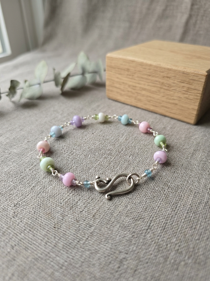 Sweet Treat - featuring Dyed Jade Rondelles, Faceted Pink Amethyst Rondelles, Faceted Peridot Rondelles, Faceted Pink Quartz Rondelles, Stainless Steel Wire, Silver Tone Copper Wire, Stainless Steel Hook and Eye Clasp