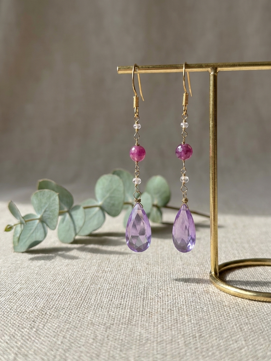 Tangled - featuring Ruby, Kunzite Colored Quartzite, Pink Amethyst, Gold Plated Sterling Silver, Gold Tone Copper Wire angle 3