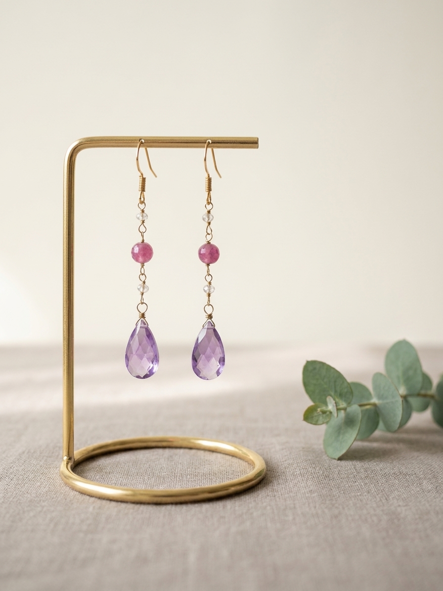 Tangled - featuring Ruby, Kunzite Colored Quartzite, Pink Amethyst, Gold Plated Sterling Silver, Gold Tone Copper Wire