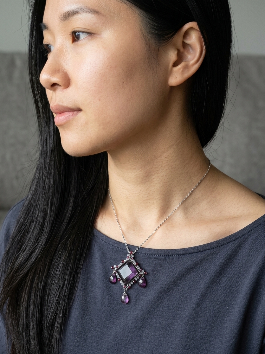 Twilight Sparkle - featuring Faceted Purple Quartz Briolette, Faceted Rhodolite Garnet Rondelles, Faceted Pink Amethyst Rondelles, Faceted Garnet Rounds, Faceted Purple Fluorite Briolettes, Stainless Steel Wire, Silver Tone Copper Wire, Stainless Steel Chain angle 2