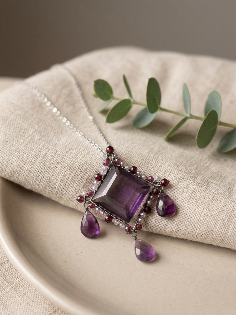 Twilight Sparkle - featuring Faceted Purple Quartz Briolette, Faceted Rhodolite Garnet Rondelles, Faceted Pink Amethyst Rondelles, Faceted Garnet Rounds, Faceted Purple Fluorite Briolettes, Stainless Steel Wire, Silver Tone Copper Wire, Stainless Steel Chain angle 3
