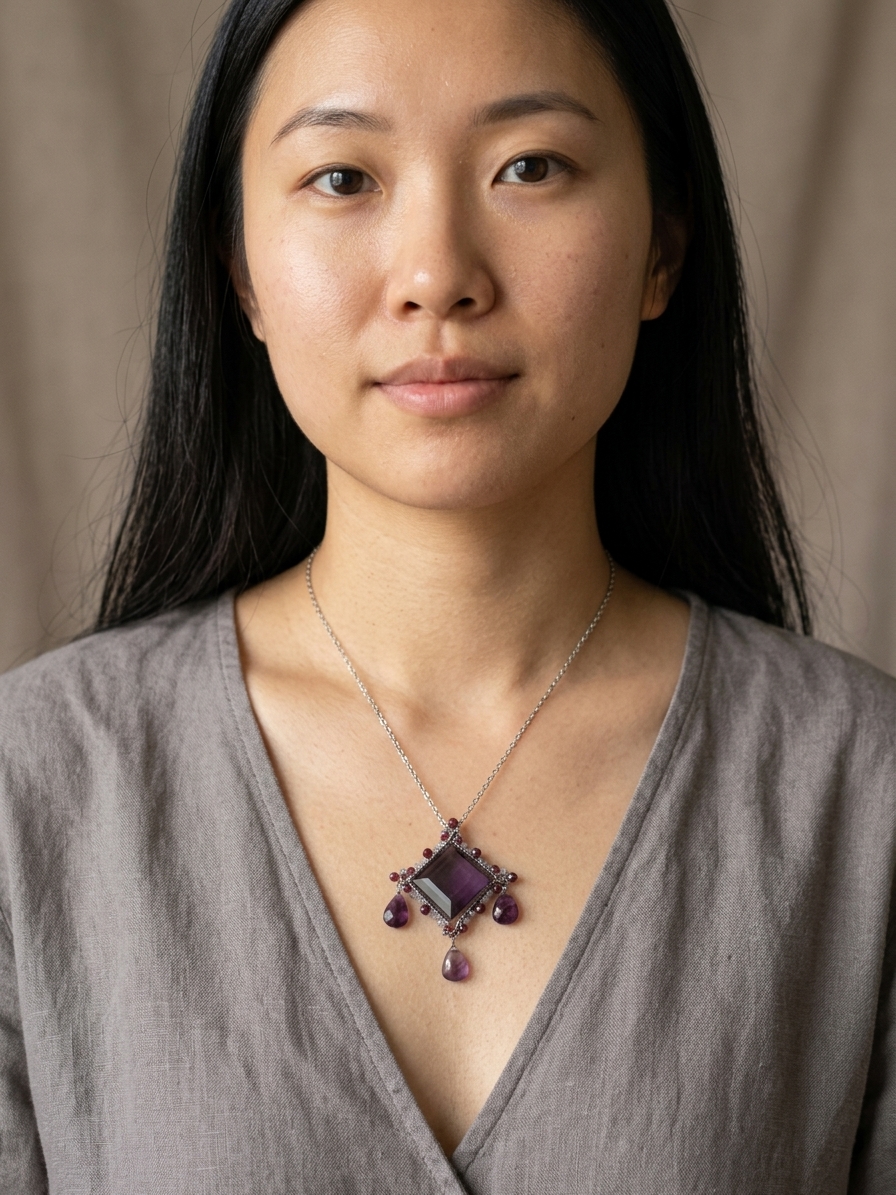Twilight Sparkle - featuring Faceted Purple Quartz Briolette, Faceted Rhodolite Garnet Rondelles, Faceted Pink Amethyst Rondelles, Faceted Garnet Rounds, Faceted Purple Fluorite Briolettes, Stainless Steel Wire, Silver Tone Copper Wire, Stainless Steel Chain angle 4