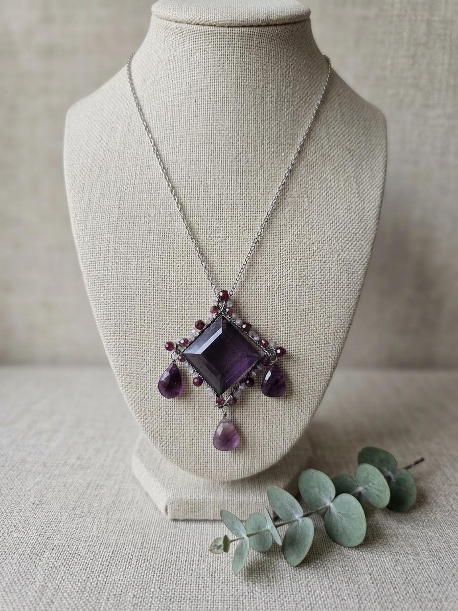 Twilight Sparkle - featuring Faceted Purple Quartz Briolette, Faceted Rhodolite Garnet Rondelles, Faceted Pink Amethyst Rondelles, Faceted Garnet Rounds, Faceted Purple Fluorite Briolettes, Stainless Steel Wire, Silver Tone Copper Wire, Stainless Steel Chain