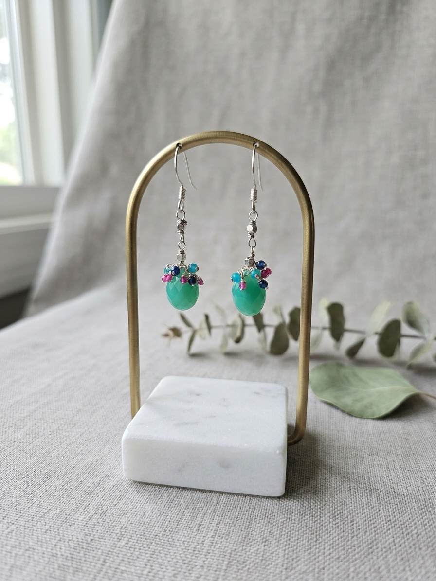 Vanelope Von Sweets- featuring Faceted Chrysoprase Briolettes, Faceted Turquoise Quartz Rondelles, Faceted Pink Quartz Rondelles, Faceted Amethyst Rondelles, Stainless Steel Wire, Silver Tone Copper Wire, Stainless Steel Ear Hooks angle 3