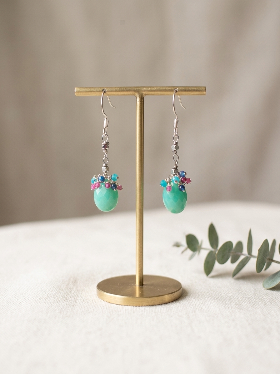 Vanelope Von Sweets- featuring Faceted Chrysoprase Briolettes, Faceted Turquoise Quartz Rondelles, Faceted Pink Quartz Rondelles, Faceted Amethyst Rondelles, Stainless Steel Wire, Silver Tone Copper Wire, Stainless Steel Ear Hooks